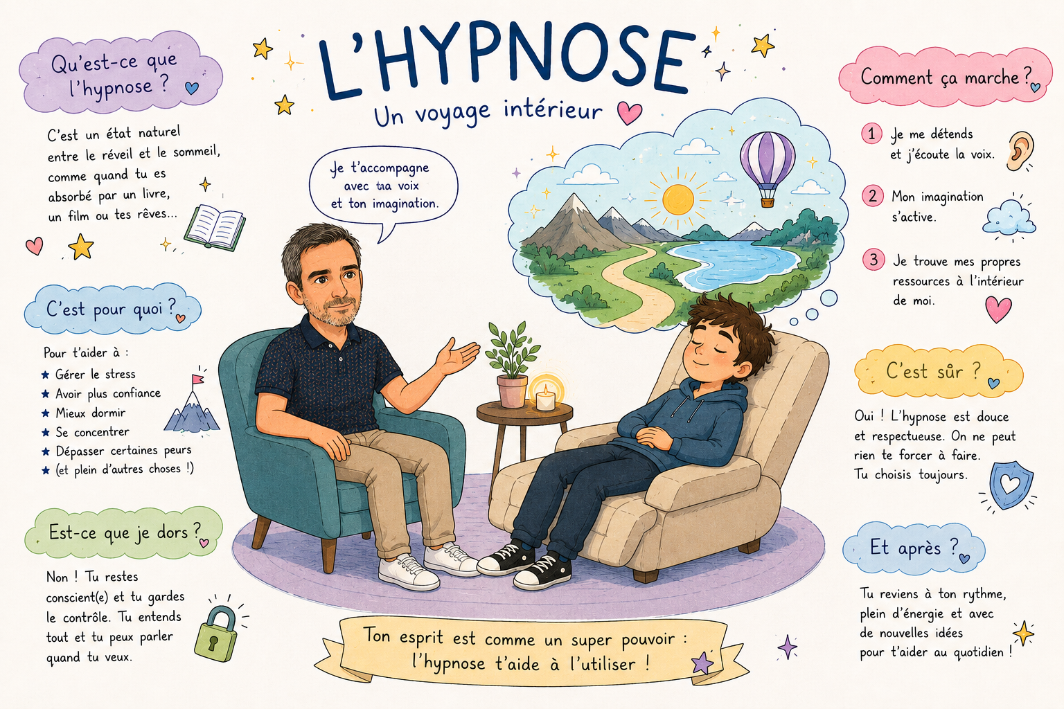 Infographie expliquant l'hypnose pour enfant et adolescent
